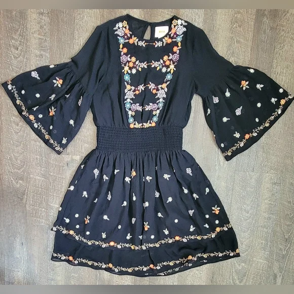 Anthropologie Maeve Anfisa Floral Embroidered Chiffon Mini Dress Womens 2 Black - Picture 6 of 16
